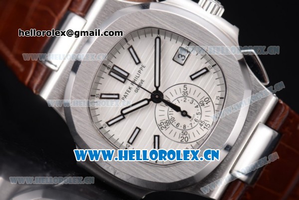 Patek Philippe Nautilus Clone PP 315 Automatic Steel Case with White Dial Arabic Numeral Markers and Brown Leather Strap (BP) - Click Image to Close